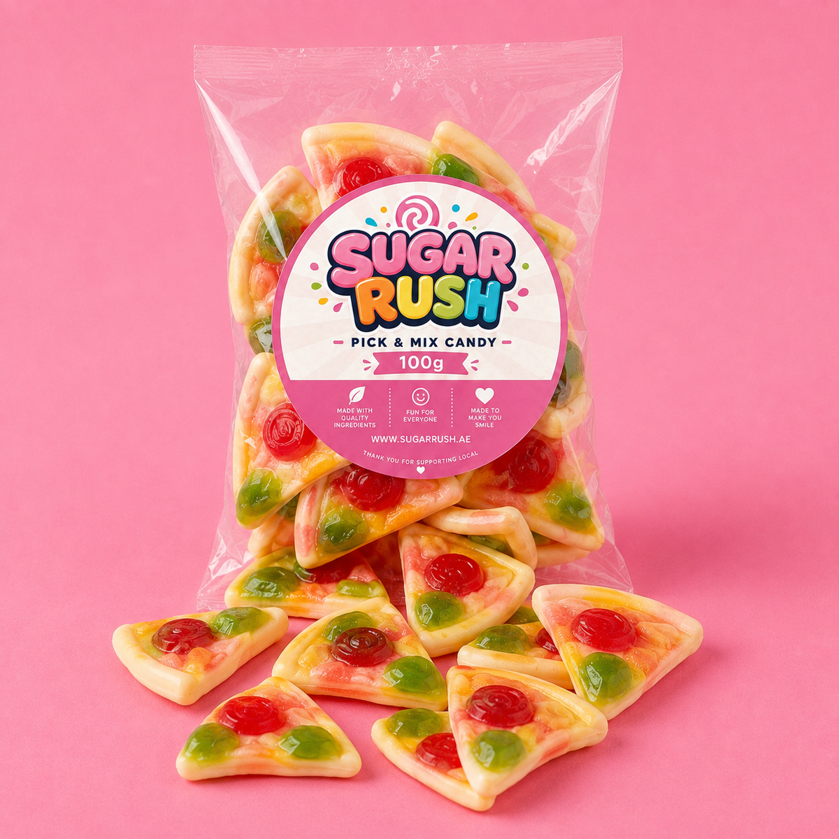 Pizza Slices Sugar Rush bag with sweets on pink background