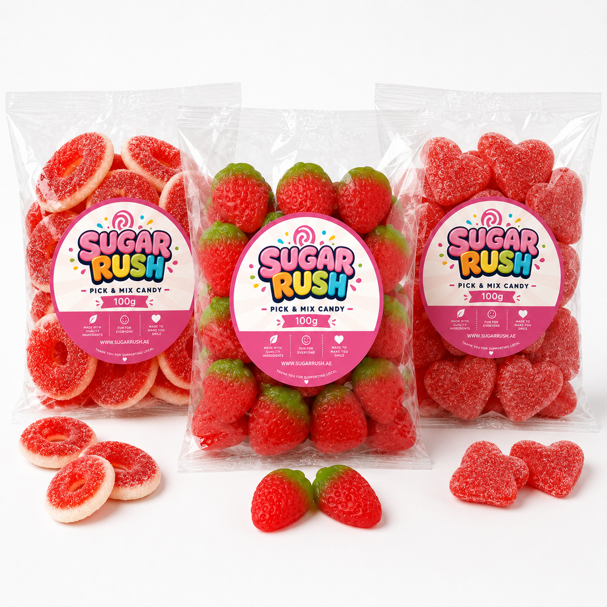 Close-up of the fixed sweets and treats included in Red Pick & Mix 3-Pack – 300g