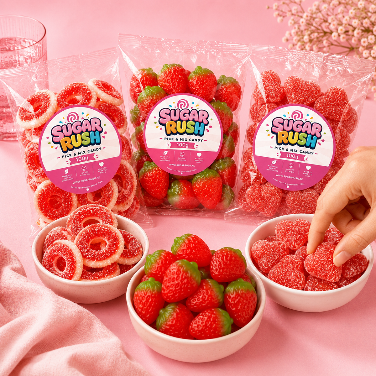 Red Pick & Mix 3-Pack – 300g styled for a Sugar Rush sharing moment