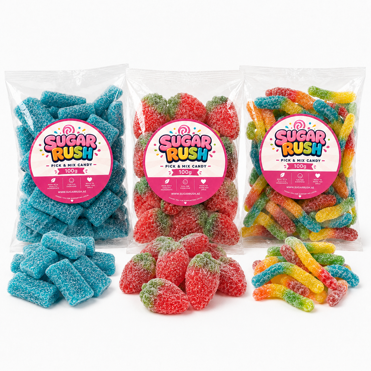 Close-up of the fixed sweets and treats included in Sour Pick & Mix 3-Pack – 300g