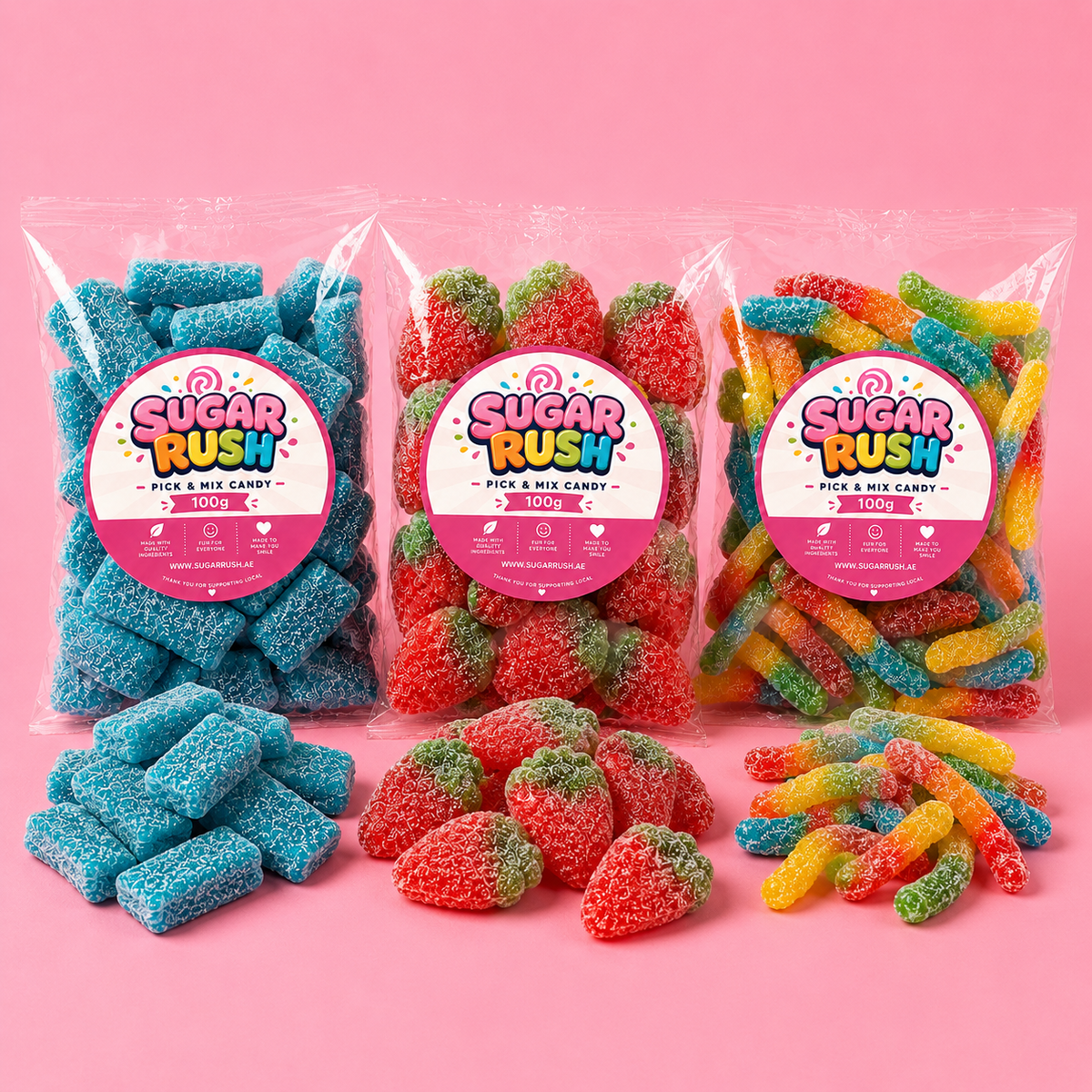Sour Pick & Mix 3-Pack – 300g arranged on a pale pink Sugar Rush background