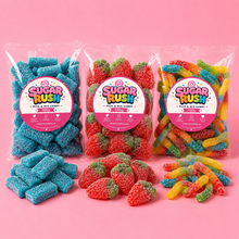 Sour Pick & Mix 3-Pack – 300g arranged on a pale pink Sugar Rush background