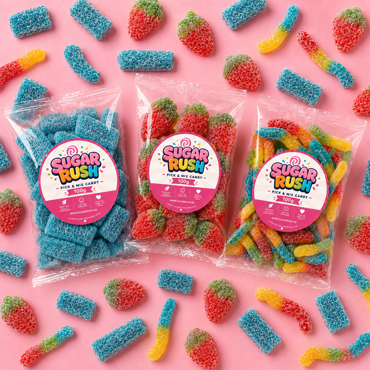 Overhead view showing everything included in Sour Pick & Mix 3-Pack – 300g