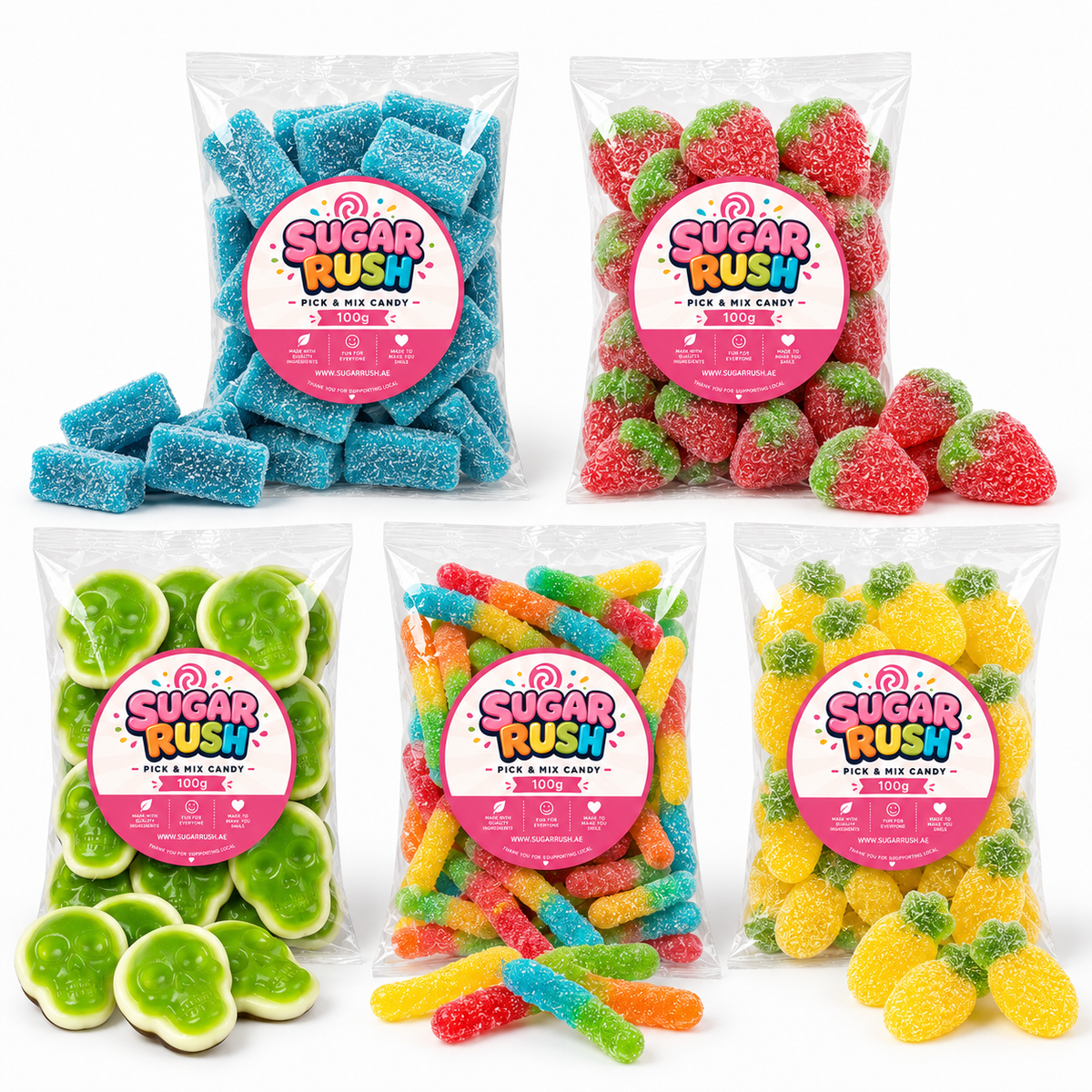 Close-up of the fixed sweets and treats included in Sour Pick & Mix 5-Pack – 500g
