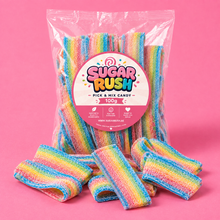 Sour Rainbow Belts Sugar Rush bag with sweets on pink background