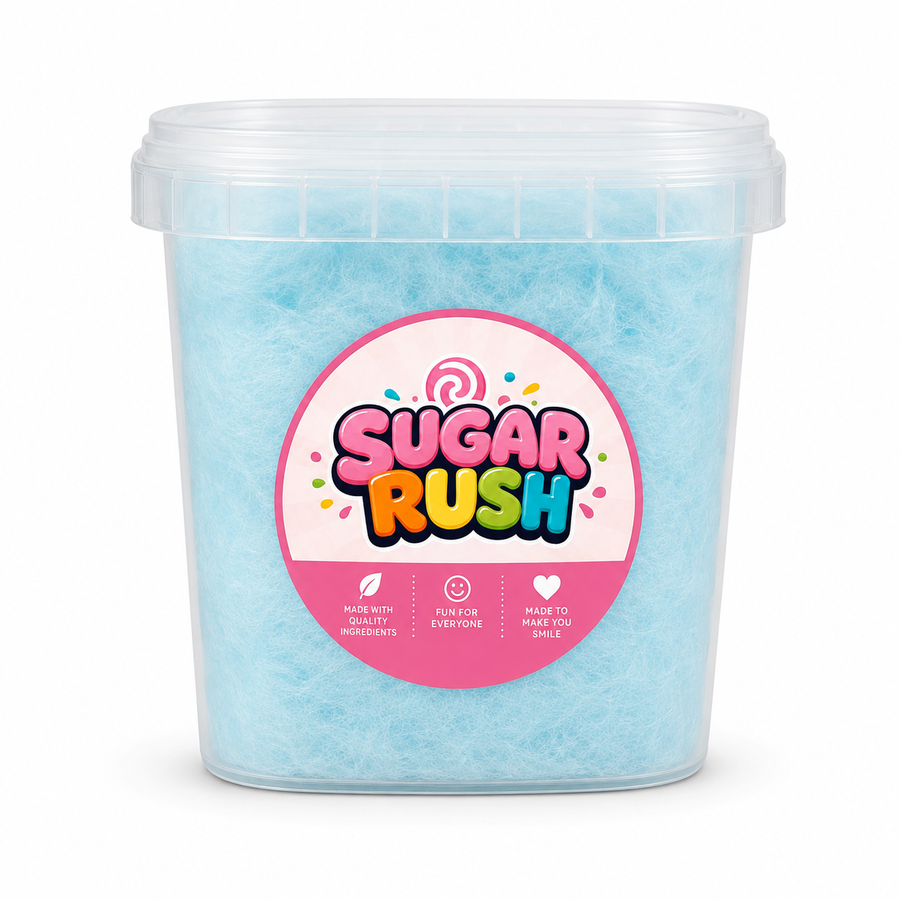 Sugar Rush Blue Raspberry Cotton Candy Tub with branded label on a clean white background
