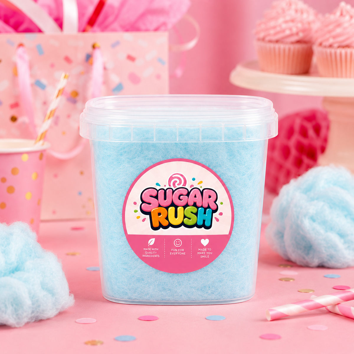 Sugar Rush Blue Raspberry Cotton Candy Tub in a colourful party and candy-table setting