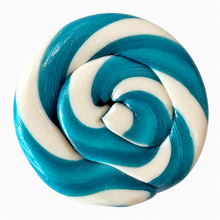Close-up of the blue and white swirl pattern on a Sugar Rush lollipop