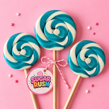 Sugar Rush Blue Swirl Lollipops styled on a pink branded background