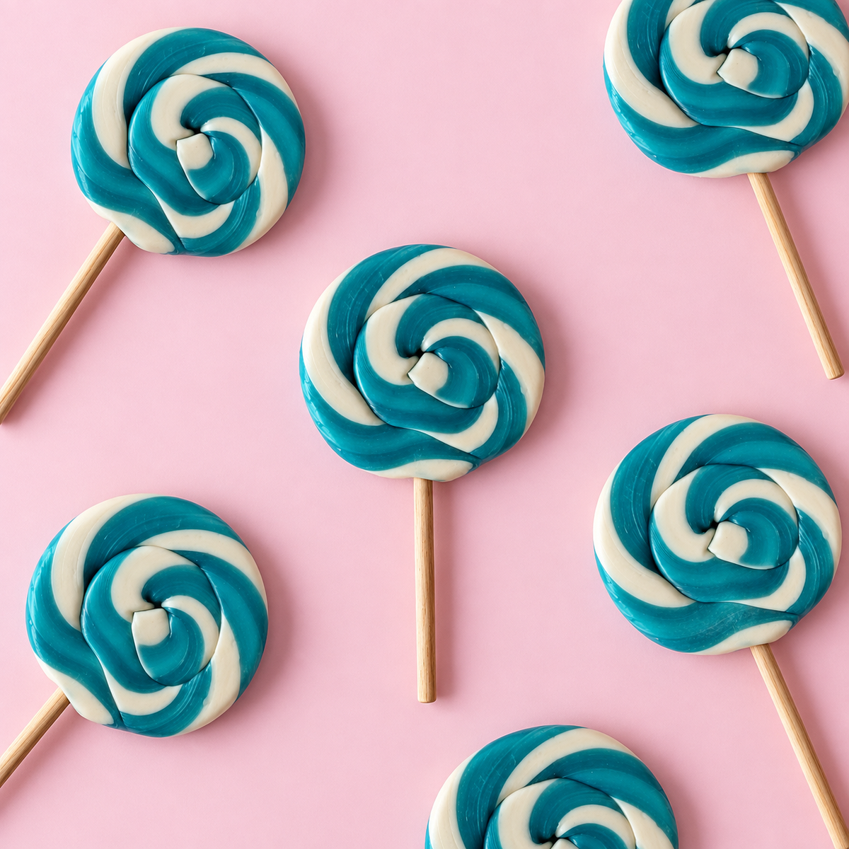 Overhead arrangement of Blue Swirl Lollipops on a pale pink background