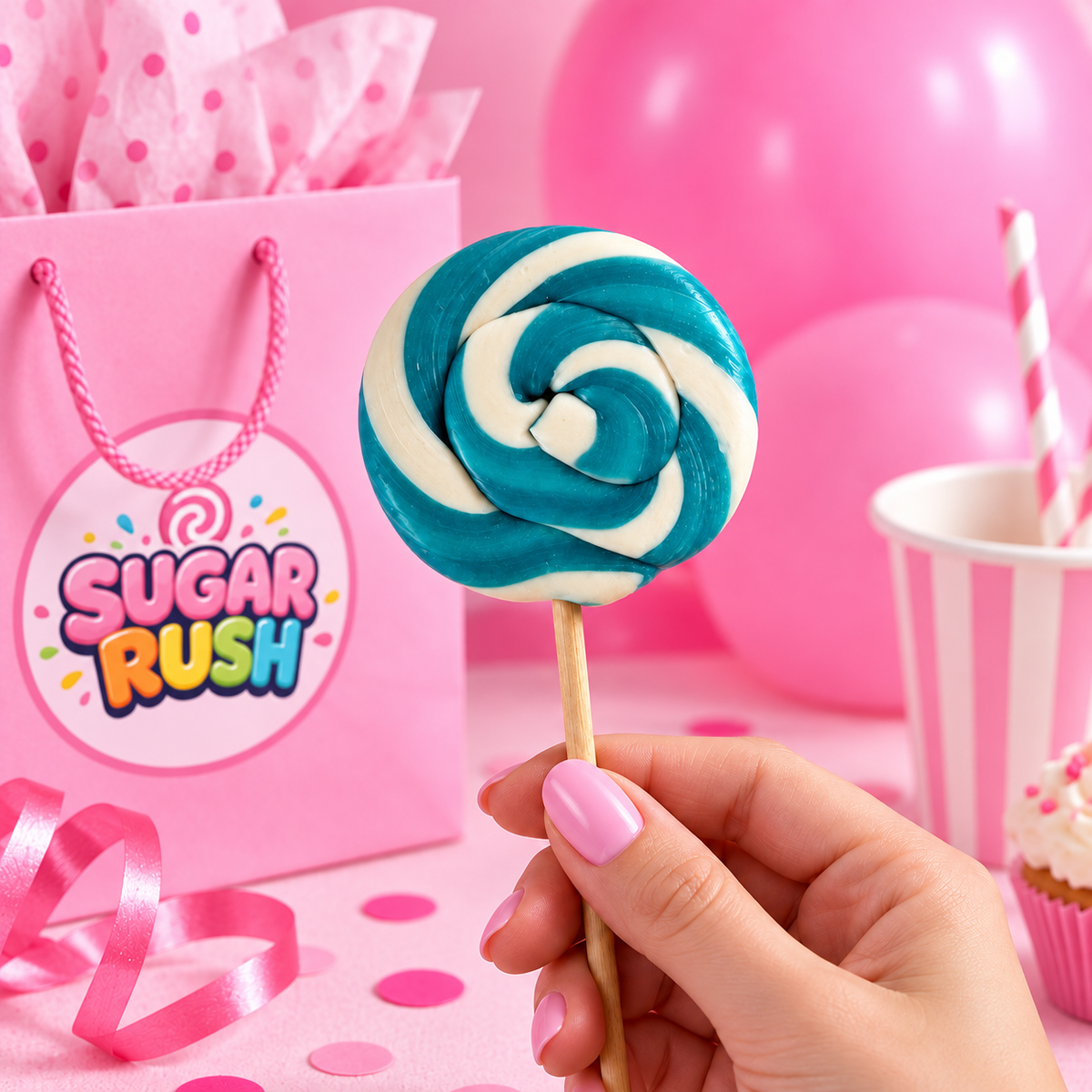 Blue Swirl Lollipop in a pink Sugar Rush party setting