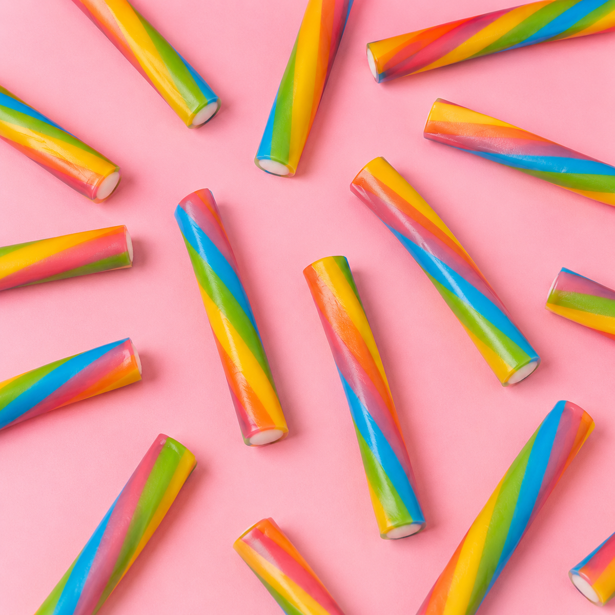 Overhead arrangement of Rainbow Filled Pencils sweets