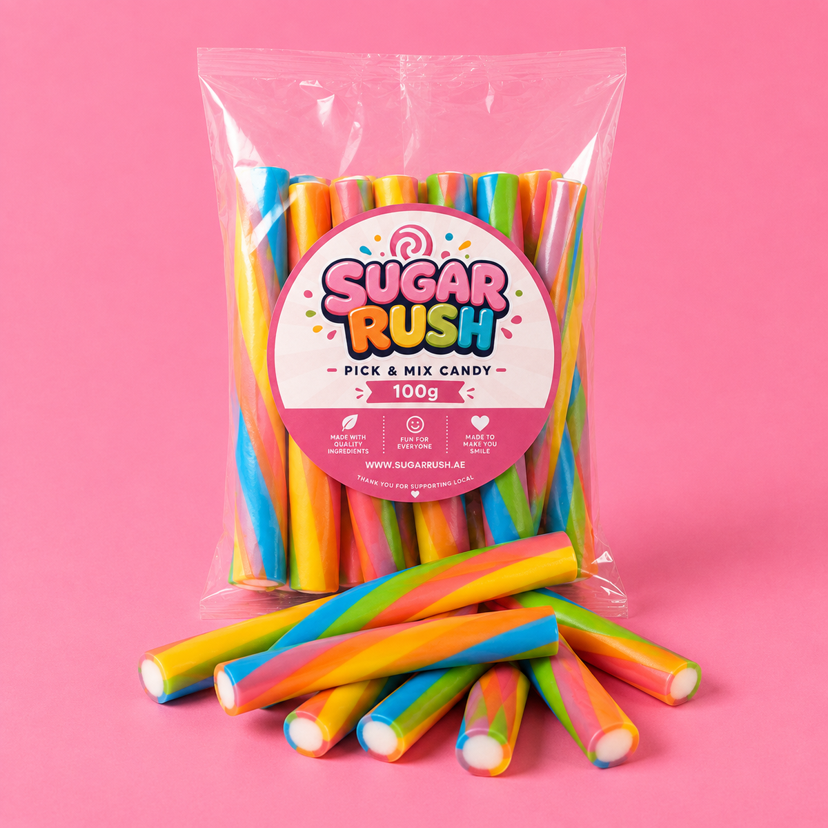 Rainbow Filled Pencils Sugar Rush bag with sweets on pink background