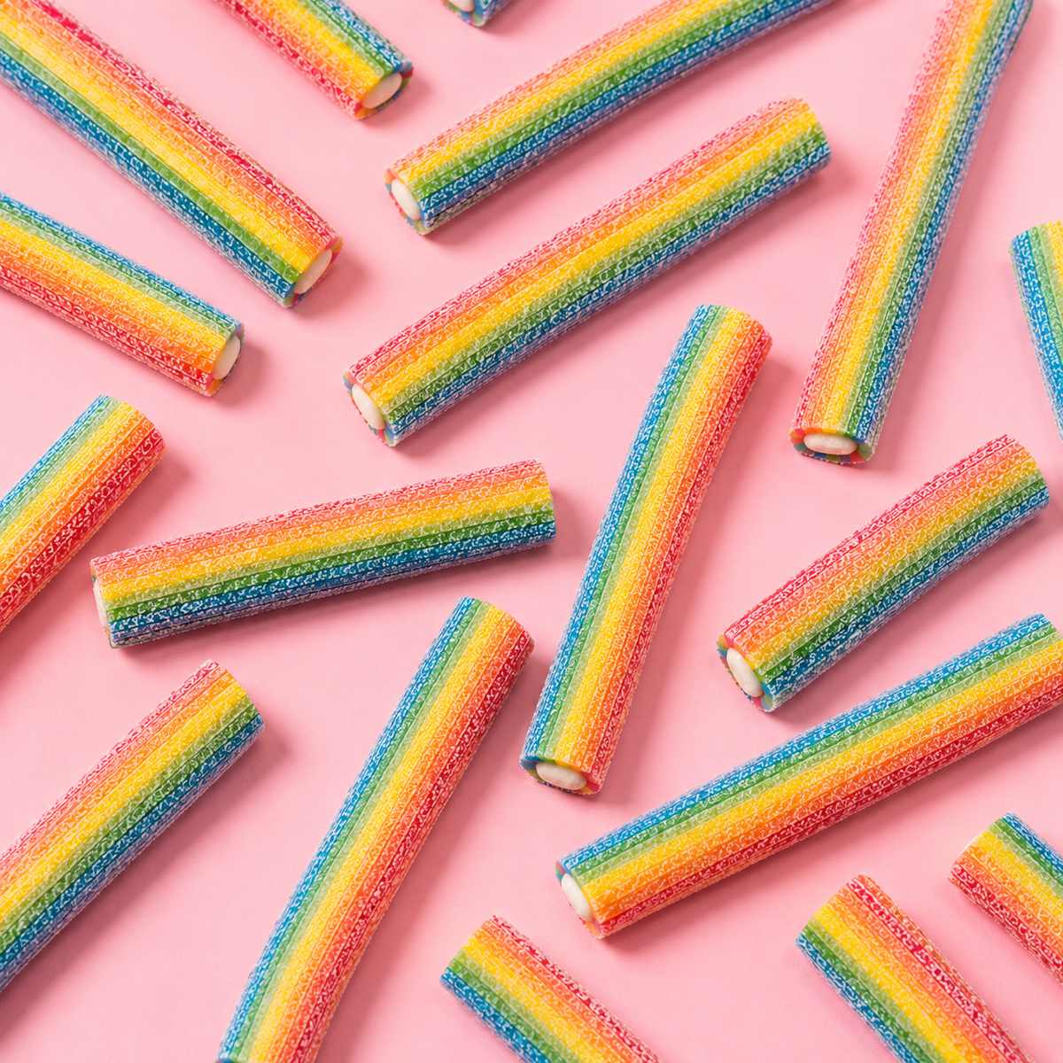 Overhead arrangement of Sour Rainbow Filled Pencils sweets