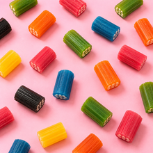 Overhead arrangement of Liquorice Bricks sweets
