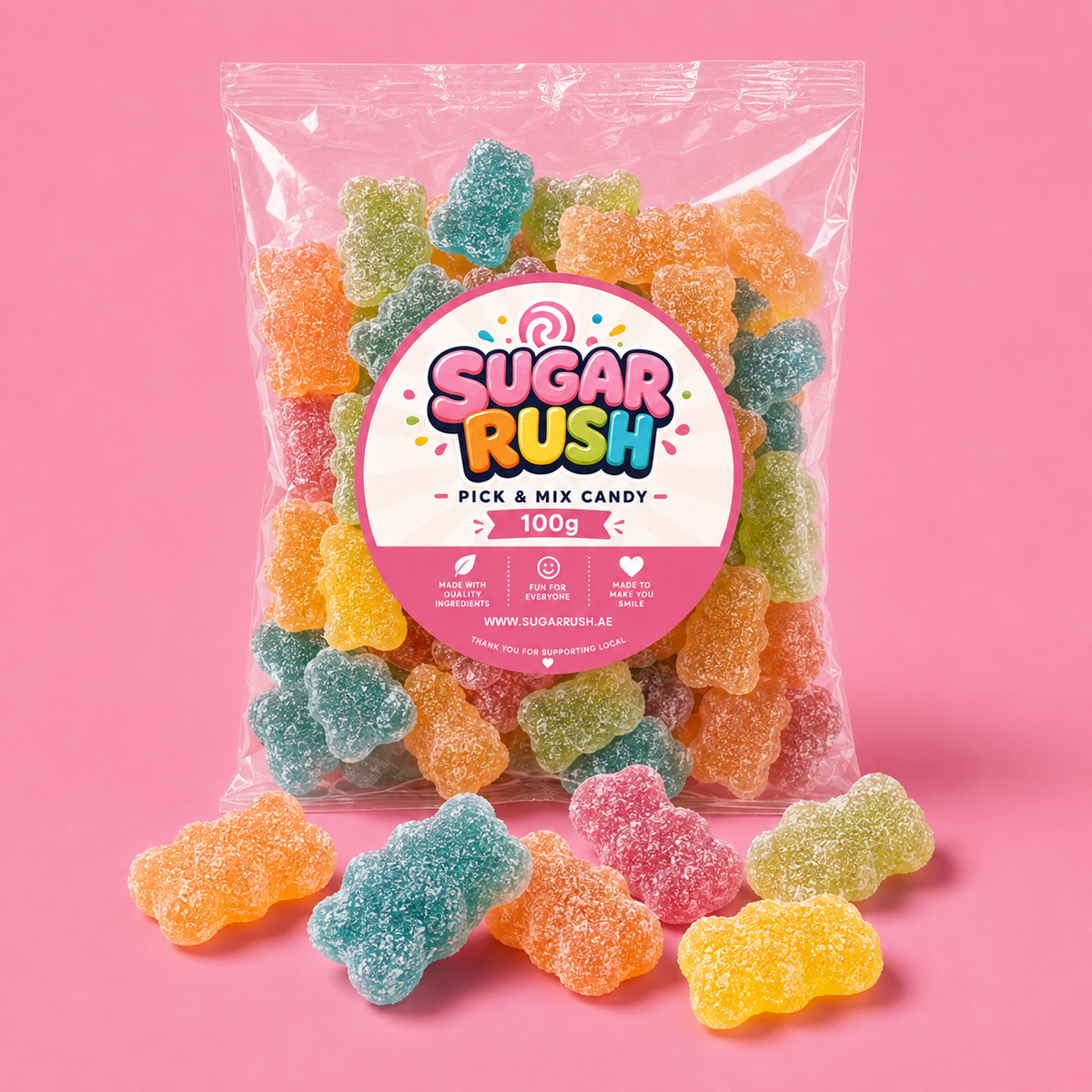 Fizzy Bears Sugar Rush bag with sweets on pink background