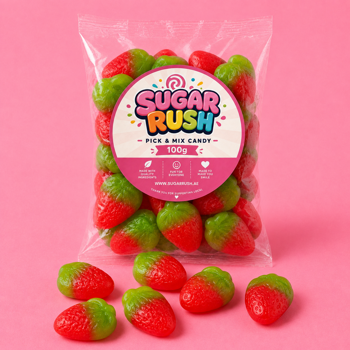 Wild Strawberries Sugar Rush bag with sweets on pink background