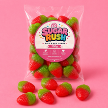 Wild Strawberries Sugar Rush bag with sweets on pink background