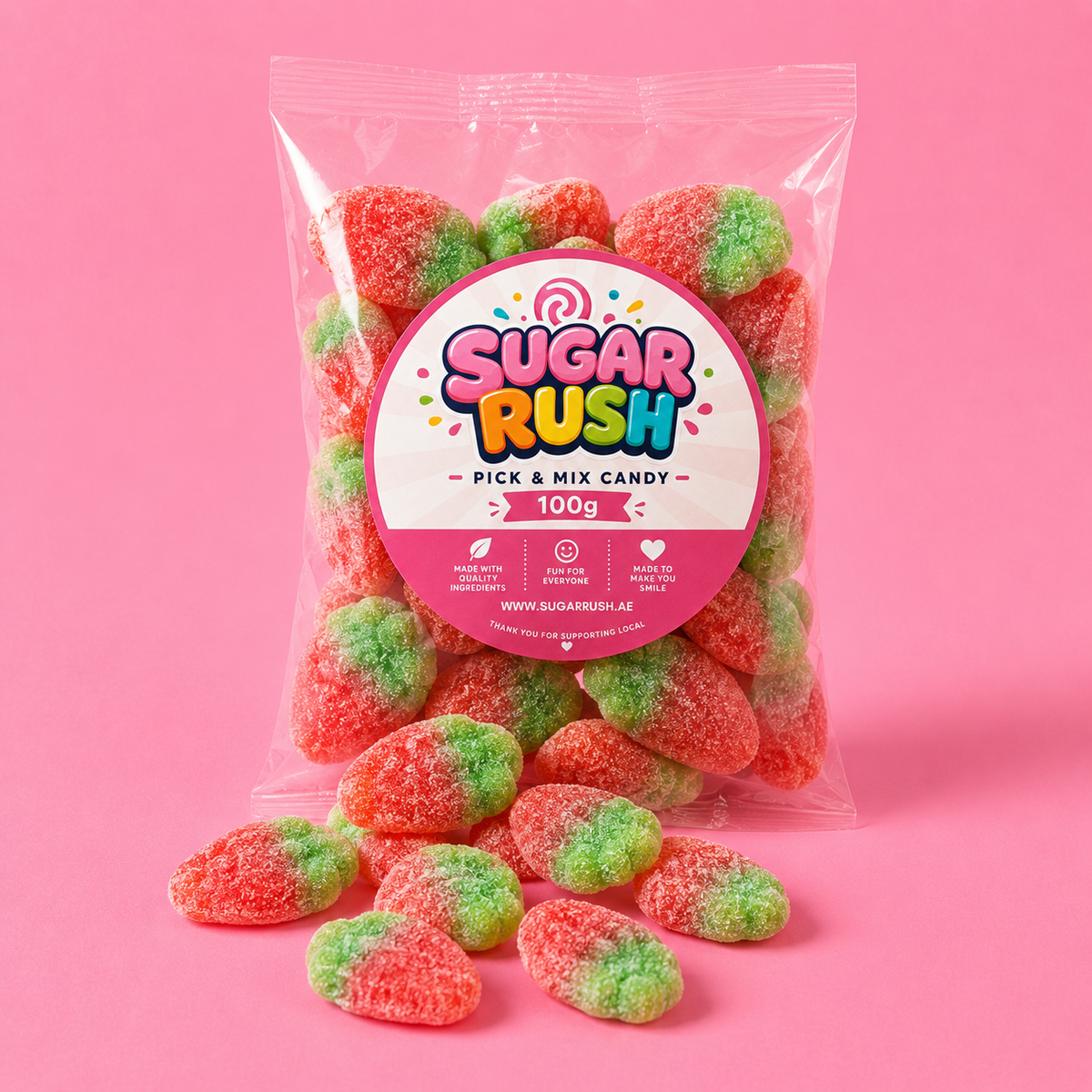 Sour Wild Strawberries Sugar Rush bag with sweets on pink background