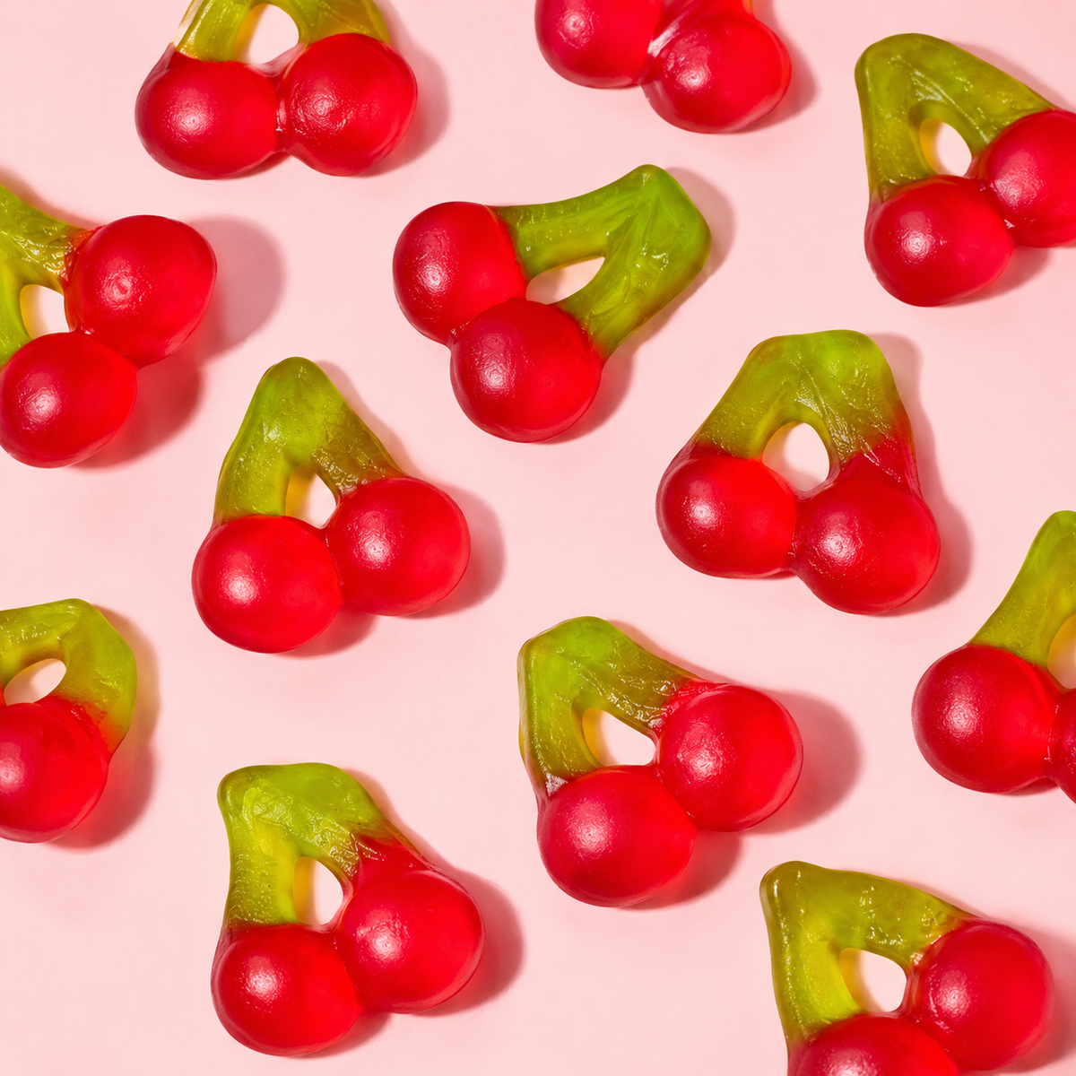 Overhead arrangement of Gummy Cherries sweets