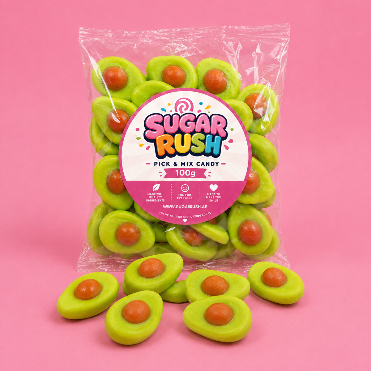 Avocados Sugar Rush bag with sweets on pink background