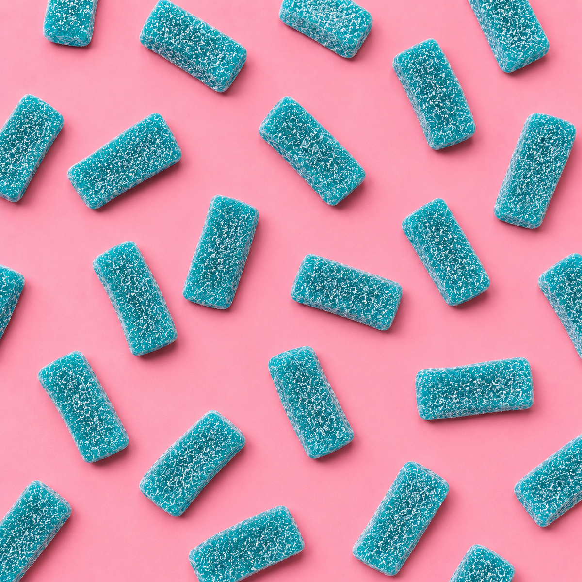 Overhead arrangement of Mega Sour Blue Slices sweets