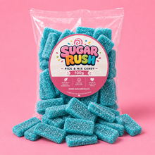 Mega Sour Blue Slices Sugar Rush bag with sweets on pink background
