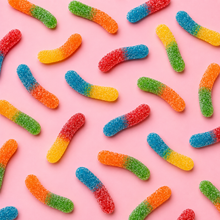 Overhead arrangement of Sugared Worms sweets