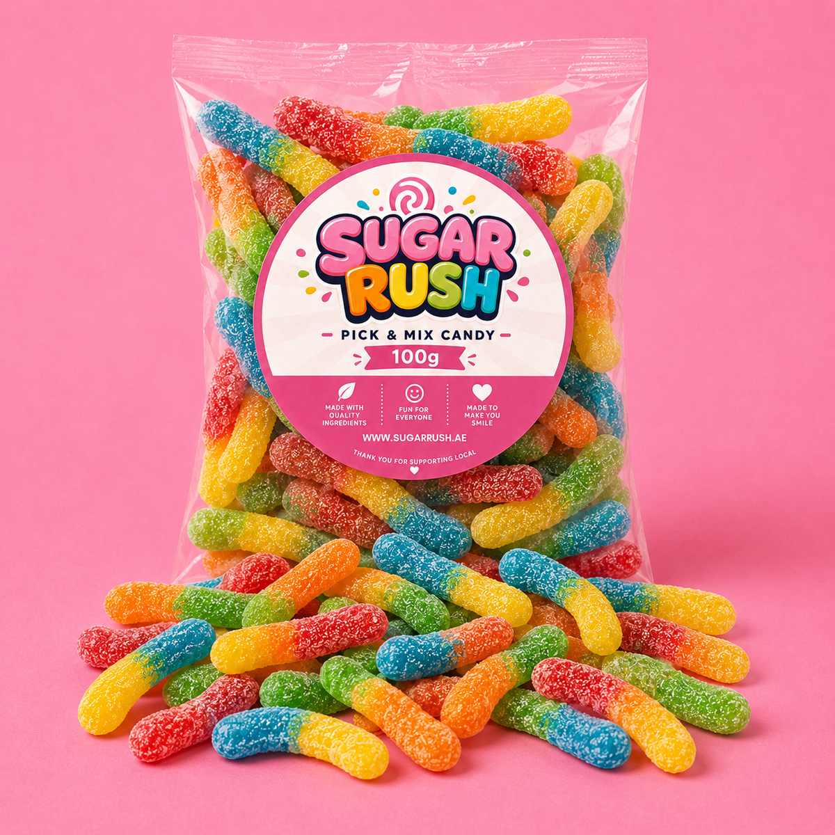 Sugared Worms Sugar Rush bag with sweets on pink background