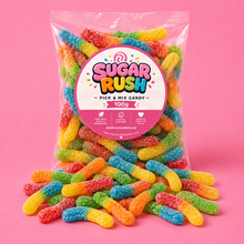 Sugared Worms Sugar Rush bag with sweets on pink background