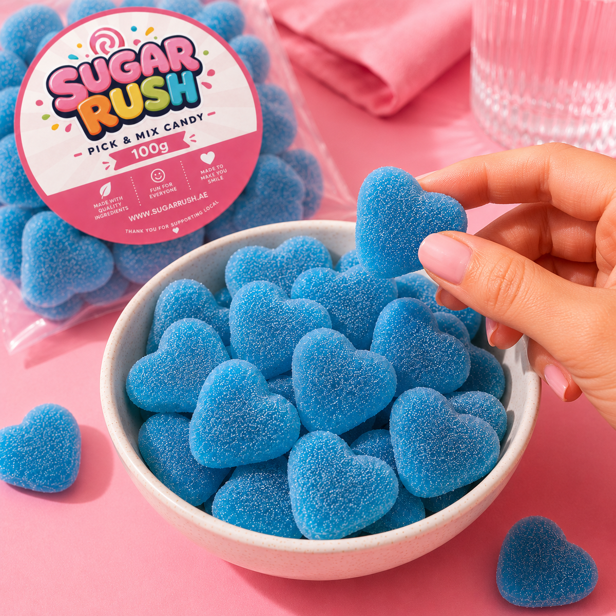 Blue Filled Hearts sweets in a Sugar Rush snacking scene