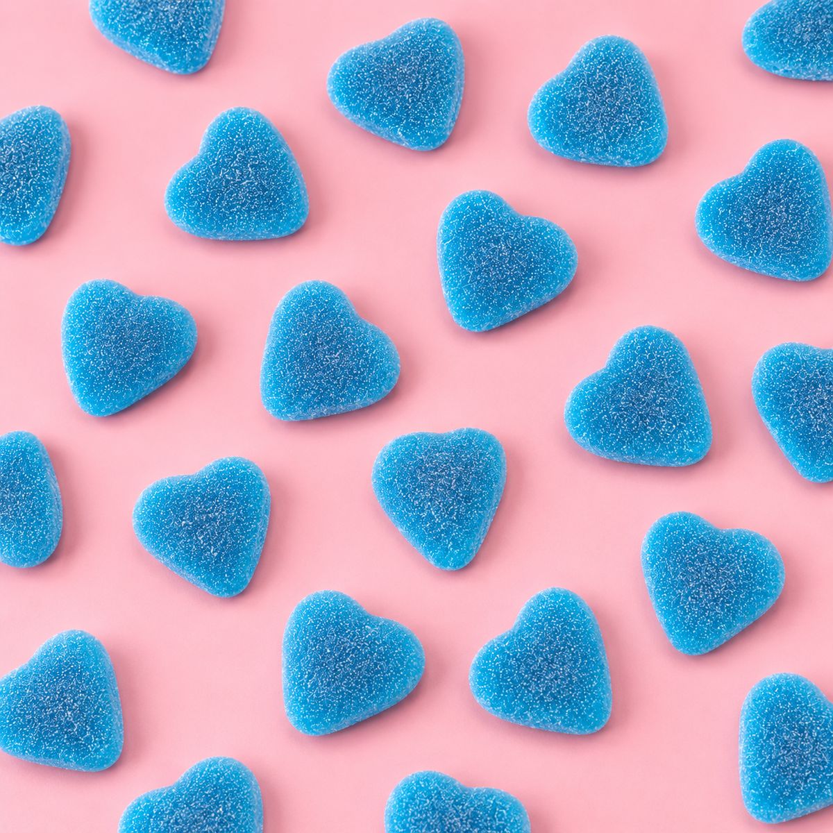 Overhead arrangement of Blue Filled Hearts sweets