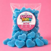 Blue Filled Hearts Sugar Rush bag with sweets on pink background