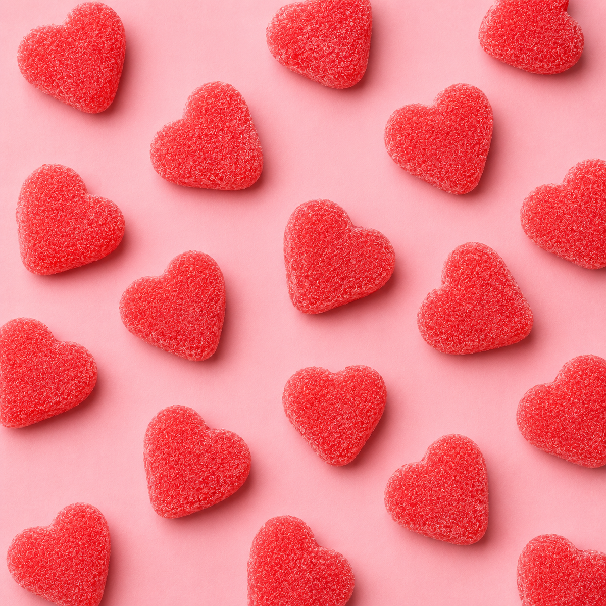 Overhead arrangement of Red Filled Hearts sweets
