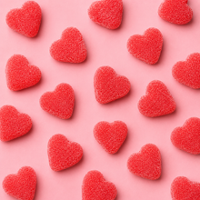 Overhead arrangement of Red Filled Hearts sweets