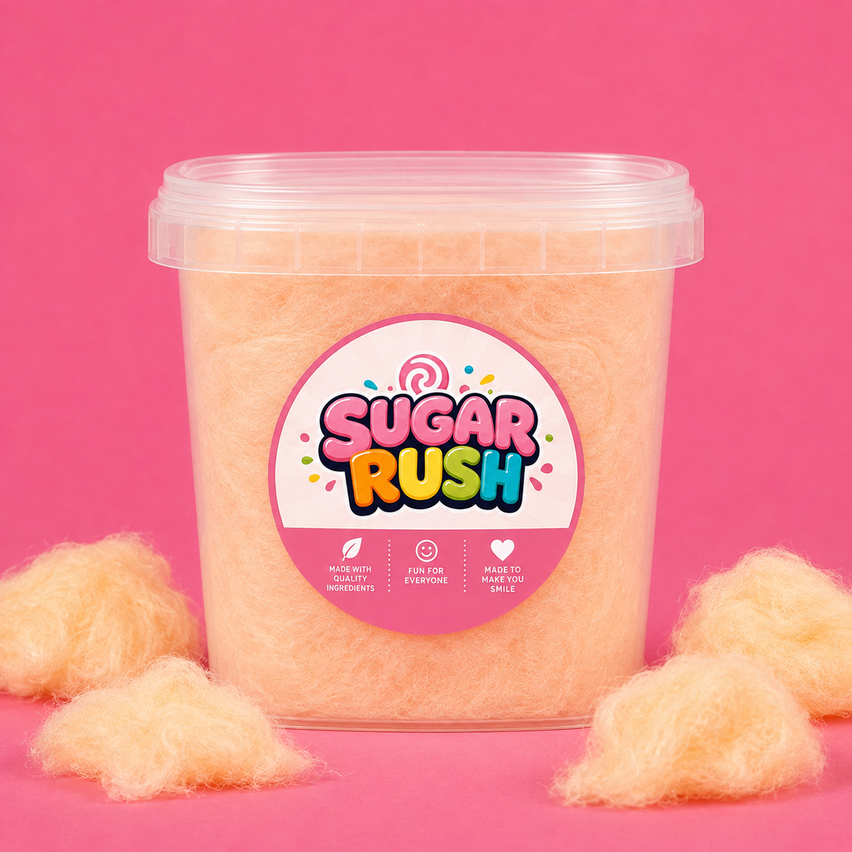 Sugar Rush Orange Cotton Candy Tub on a bright pink background with loose cotton candy