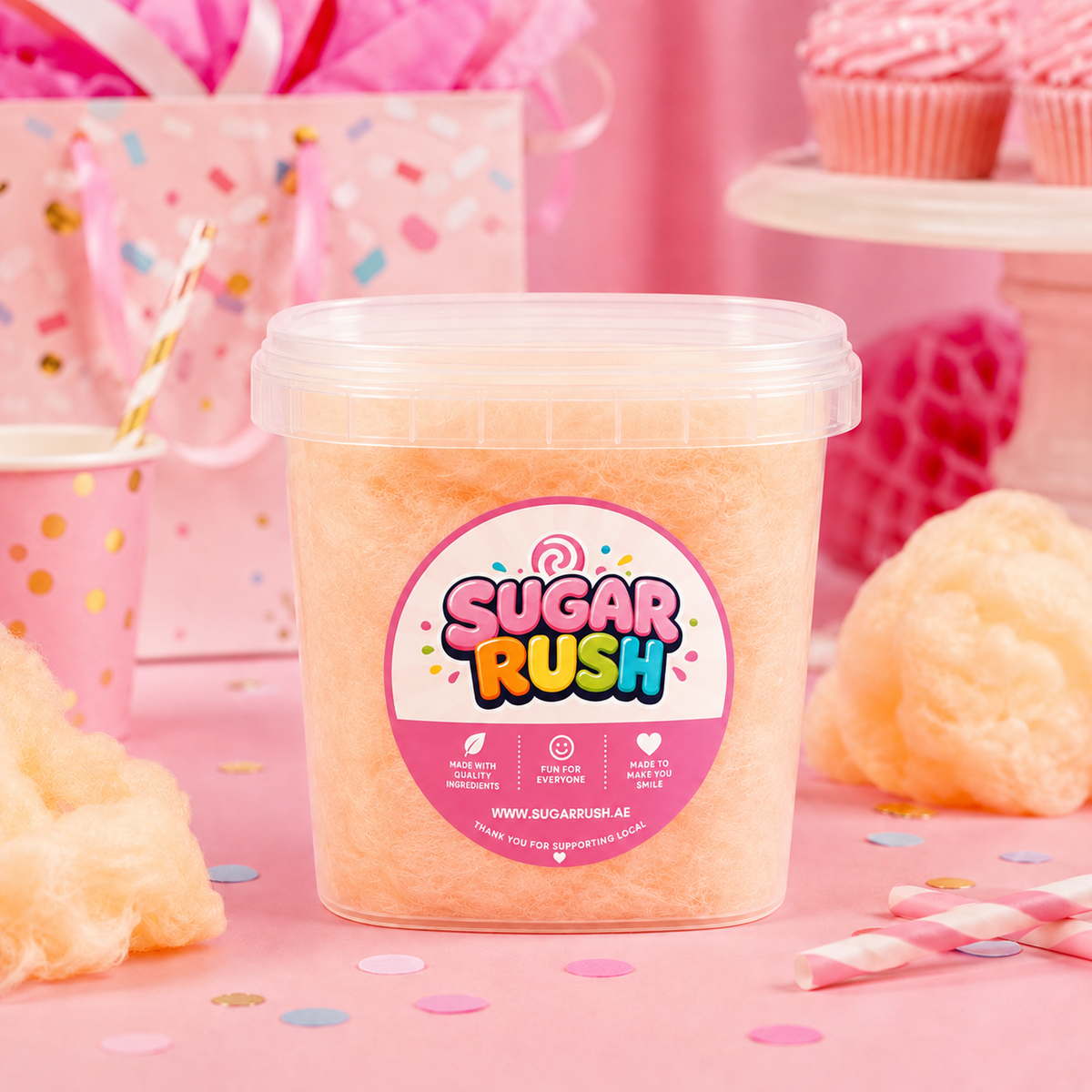 Sugar Rush Orange Cotton Candy Tub in a colourful party and candy-table setting