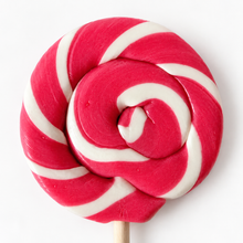 Close-up of the pink and white swirl pattern on a Sugar Rush lollipop