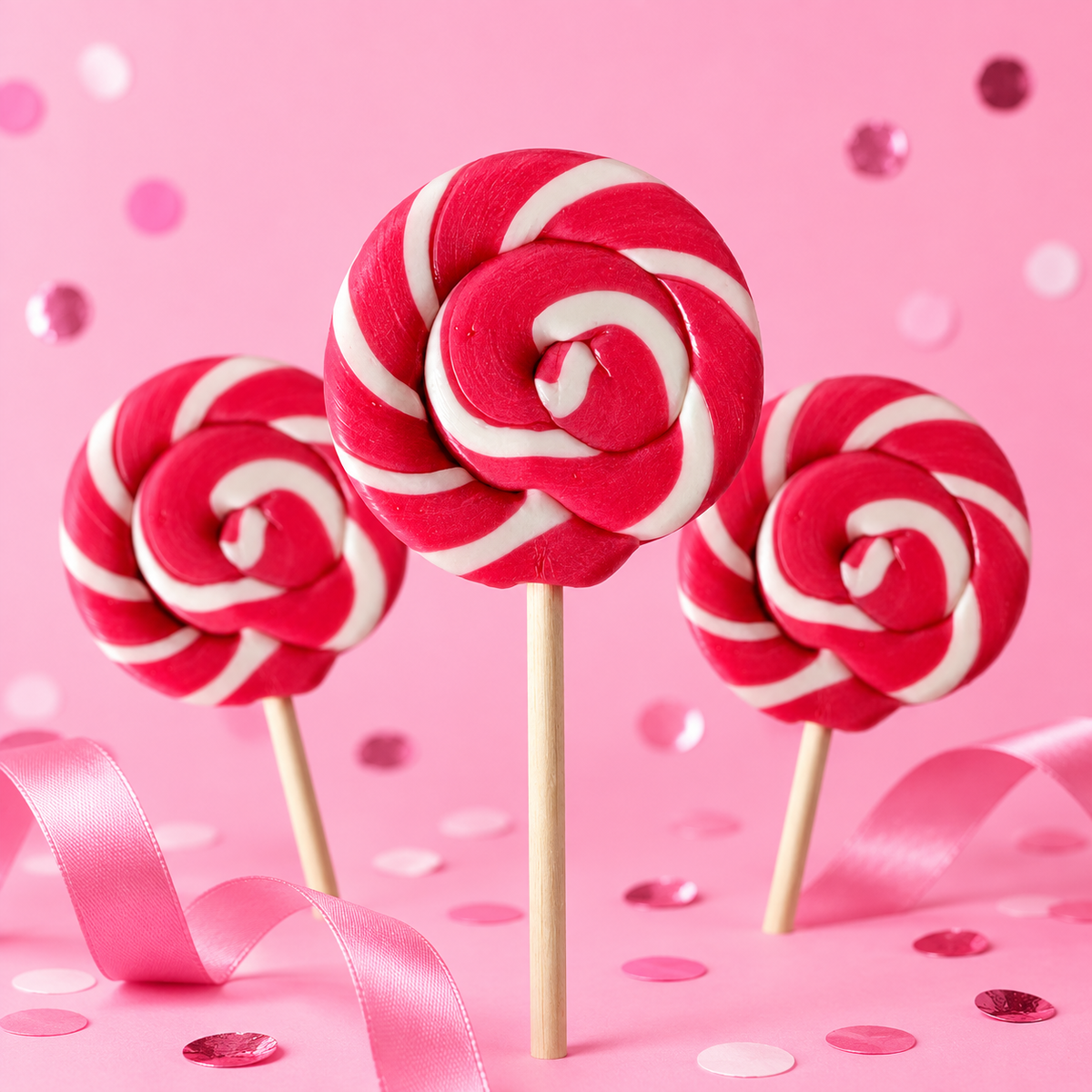 Sugar Rush Pink Swirl Lollipops styled on a pink branded background