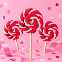 Sugar Rush Pink Swirl Lollipops styled on a pink branded background