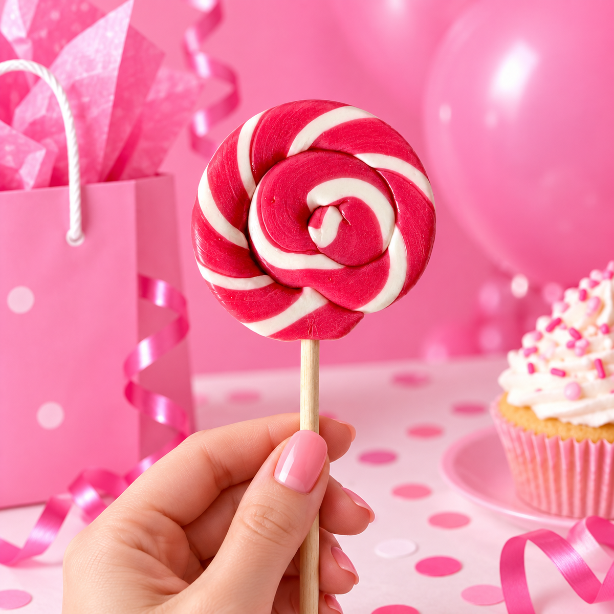 Pink Swirl Lollipop in a pink Sugar Rush party setting