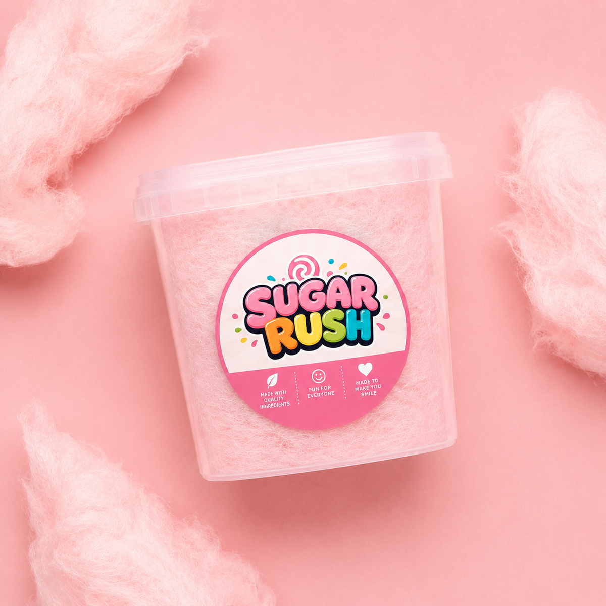 Sugar Rush Pink Vanilla Cotton Candy Tub with branded label on a clean white background