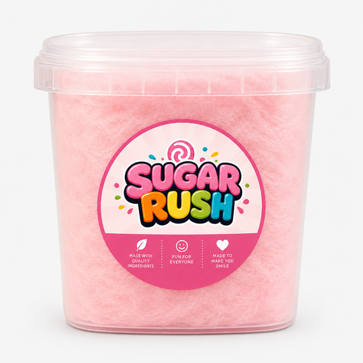 Sugar Rush Pink Vanilla Cotton Candy Tub on a bright pink background with loose cotton candy
