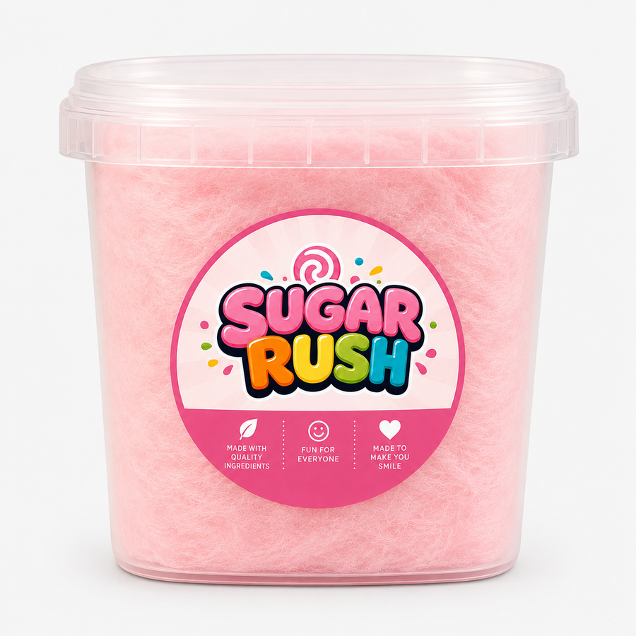 Sugar Rush Pink Vanilla Cotton Candy Tub on a bright pink background with loose cotton candy