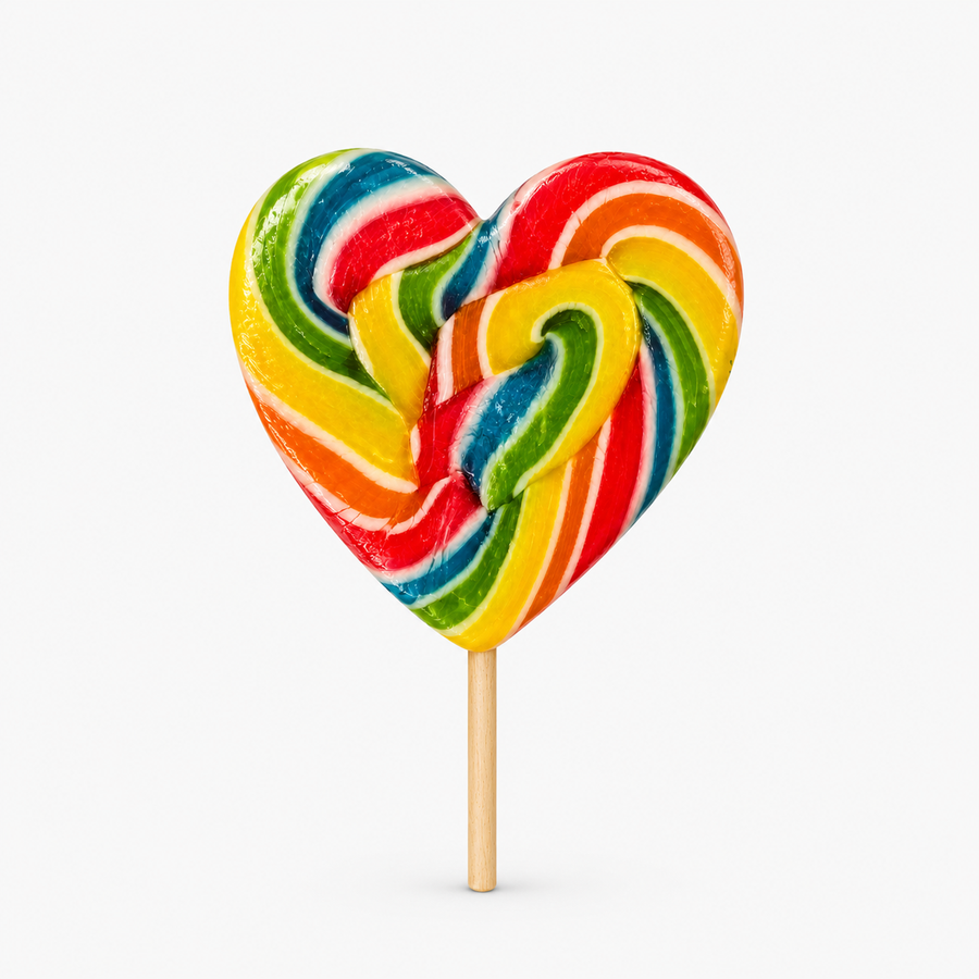 Sugar Rush Rainbow Heart Lollipop on a clean white background
