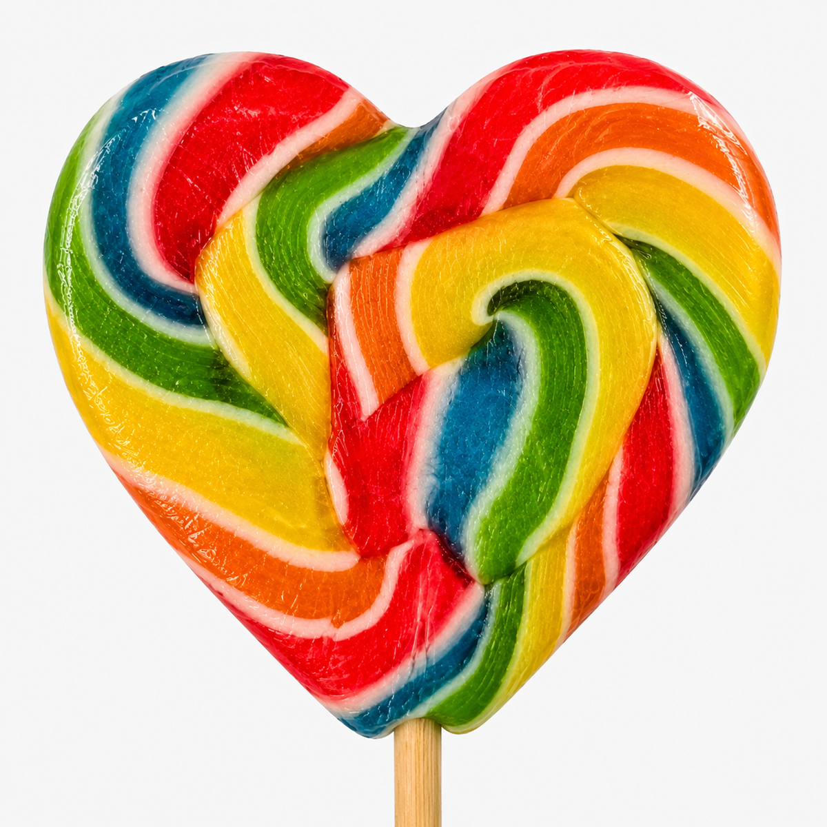 Close-up of the colourful rainbow heart lollipop candy texture