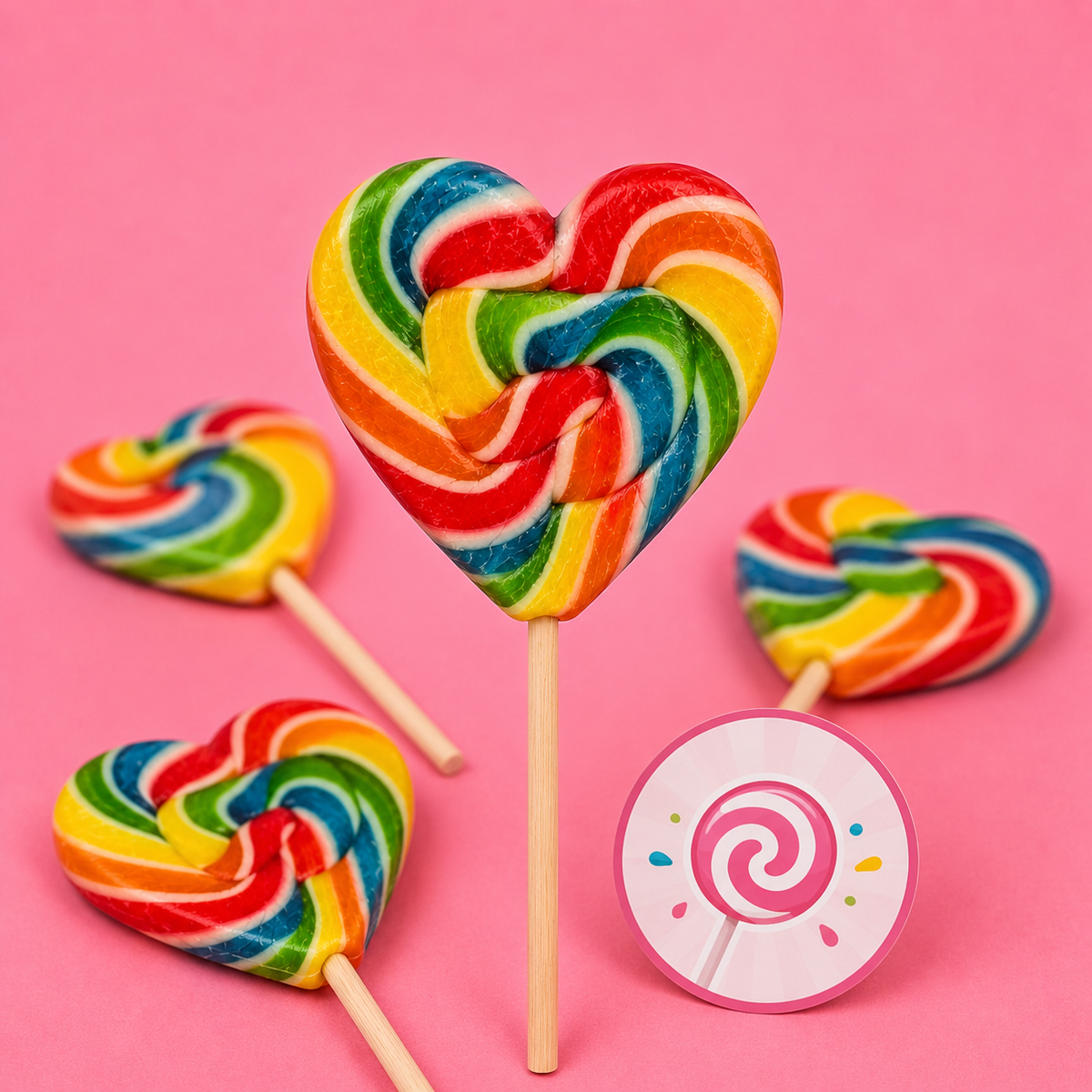 Sugar Rush Rainbow Heart Lollipop styled on a pink background