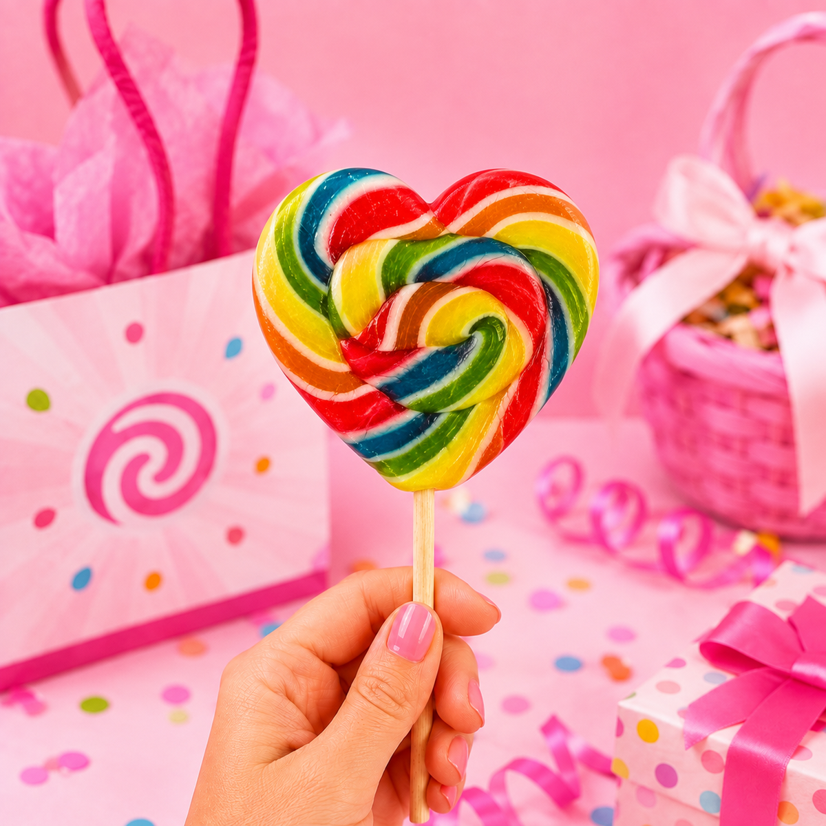 Sugar Rush Rainbow Heart Lollipop in a fun party and gifting setting