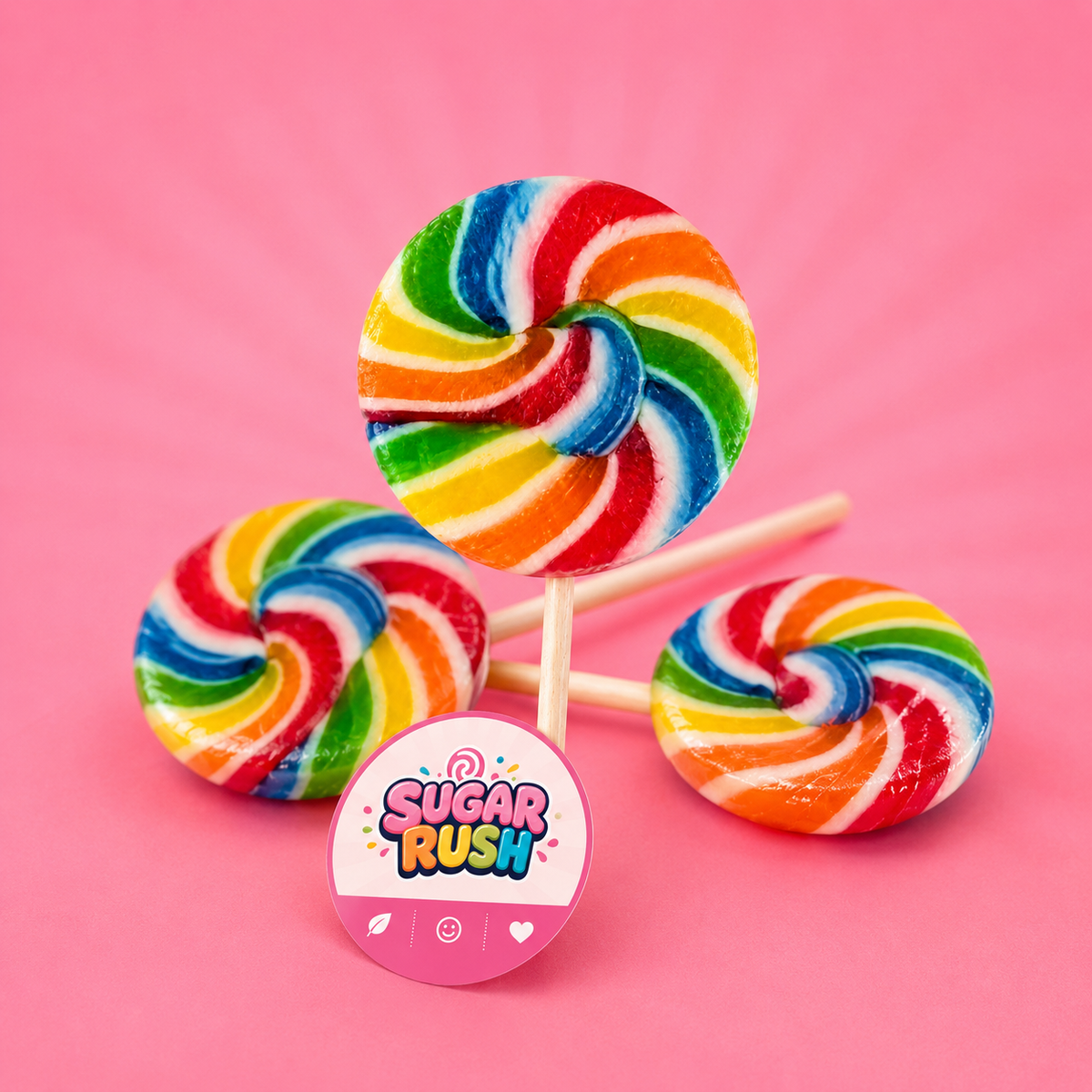 Sugar Rush Rainbow Round Lollipop styled on a pink background
