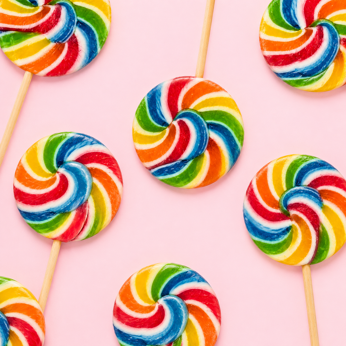 Top-down arrangement of rainbow round lollipops on pale pink